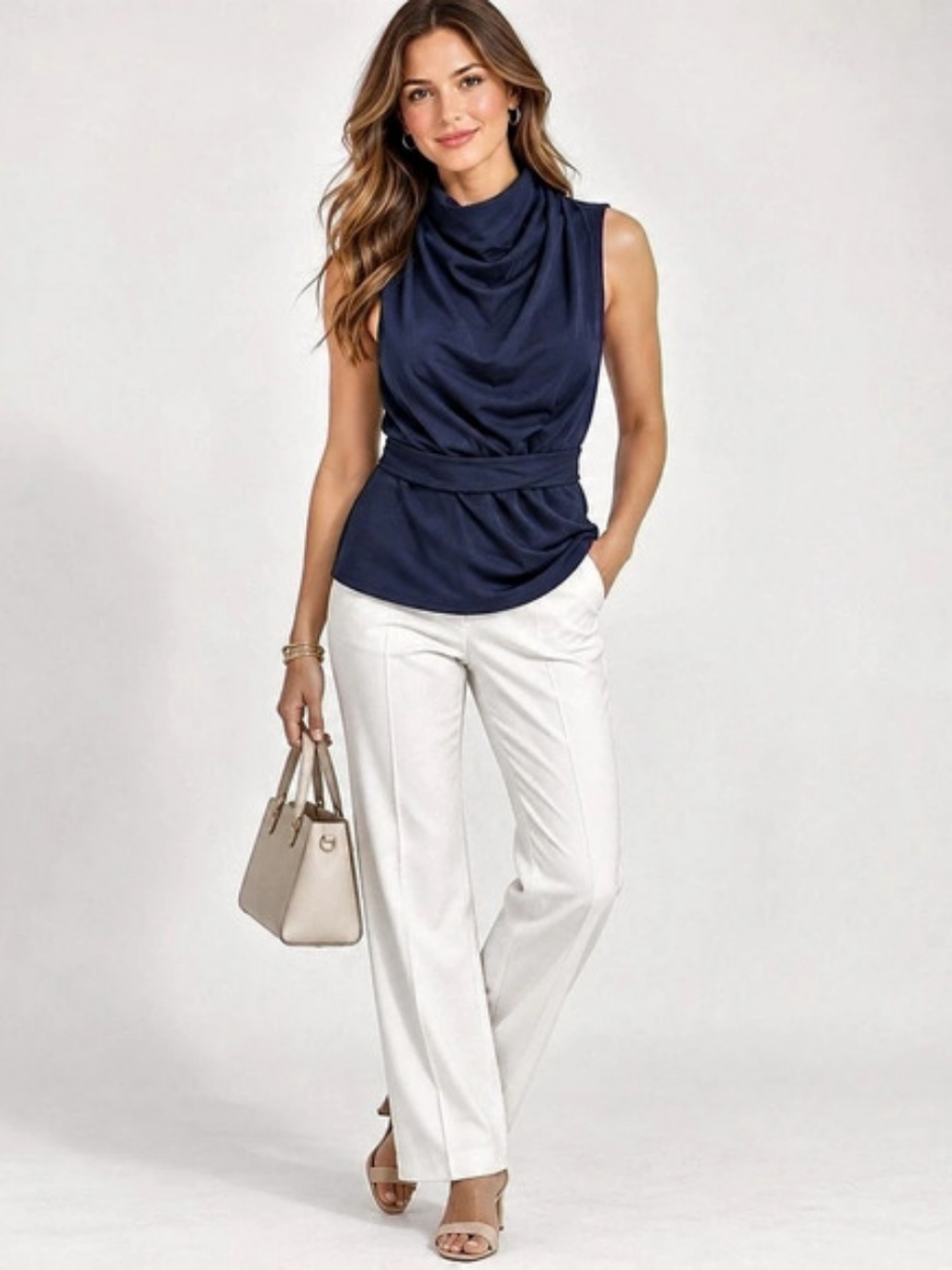 MOTF Draped Cowl Neck Top in Navy NWT